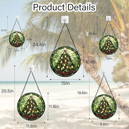 Stained Glass Window Hanging - Green Christmas Tree Golden Bells Suncatcher for Doors Home Christmas Decoration Sun Catcher Thanksgiving New Year Birthday Gift for Women Men Mom Nana 6.3 in