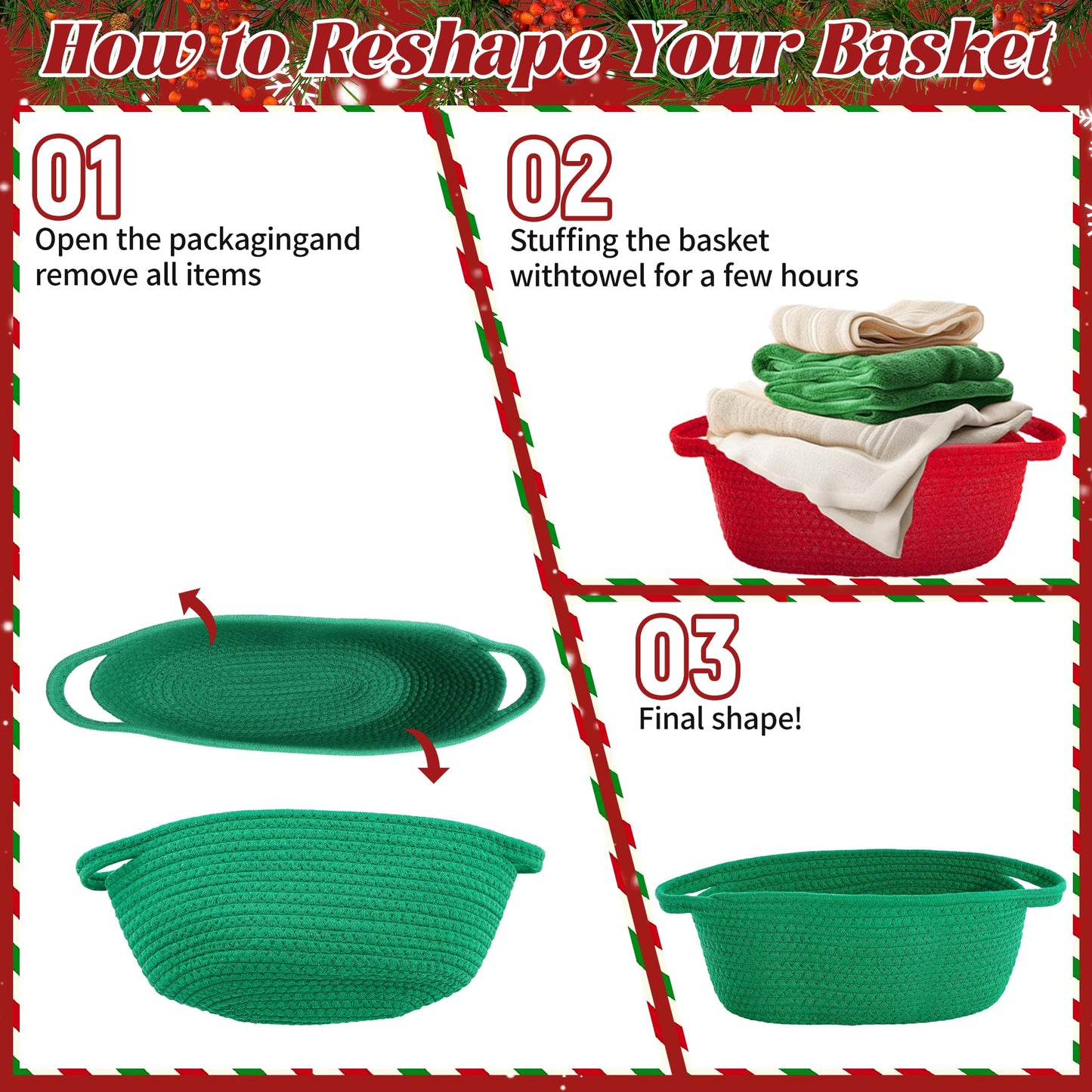 4pcs Christmas Gift Basket Empty, Christmas Woven Basket with Handles, Decorative Rope Woven Storage Basket Xmas Gift Baskets with Gift Bags Sticker and Ribbons for Xmas Empty Decorative Gift Box