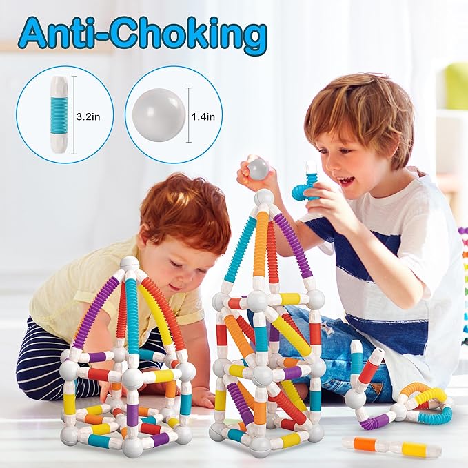 Magnetic Building Blocks Construction Set 66 Pieces Educational STEM Toy with Flexible Tubes and Connectors (66PCS)