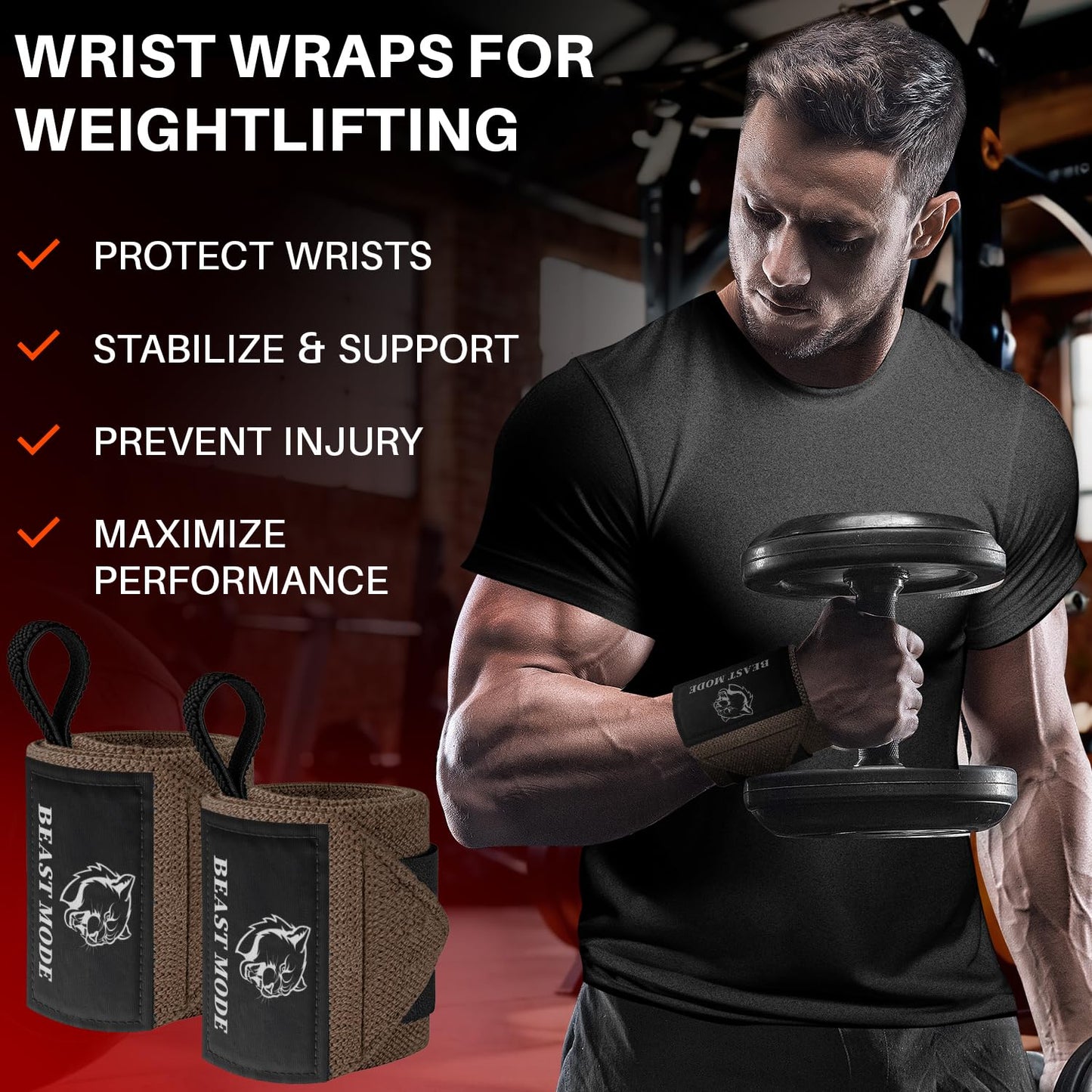 TECEUM Weightlifting Wrist Wraps with Thumb Loop – Brown – Beast Mode – 18 inch – Heavy-Duty Workout Wrist Support & Protection – Ideal for Powerlifting, Strength Training, Bodybuilding