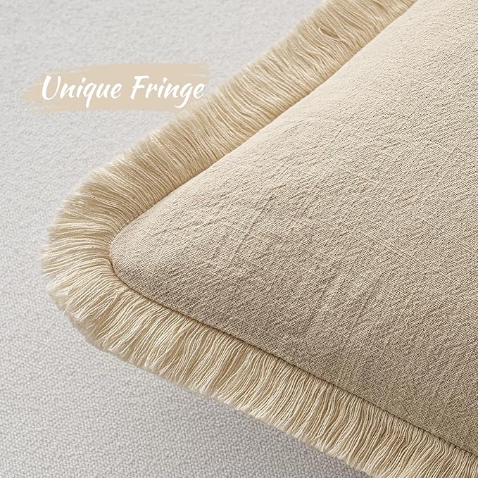 MIULEE Decorative Throw Pillow Covers Neutral Linen Fringe Throw Pillows Set of 2 Beige Boho Farmhouse Cushion Covers with Tassels for Couch Sofa Bed Living Room Spring Home Decor 16x16 Inch