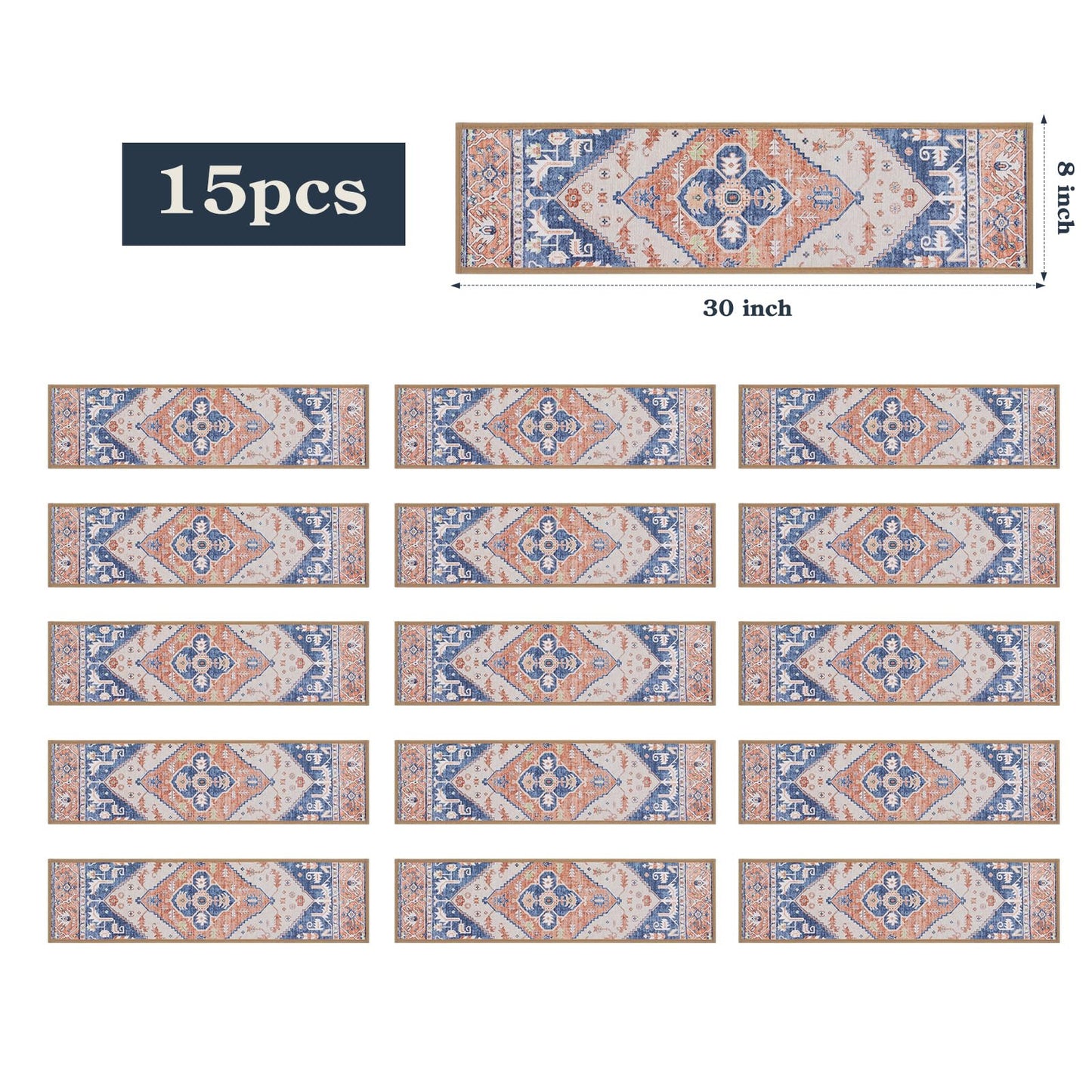 Lahome Non Slip Peel and Stick Stair Treads 15 Pack 8" X 30" Carpet Treads for Wood Stairs, Washable Self Adhesive Mat Edging Staircase for Tenant Defend The Steps from Scratches Dorie,Blue-Tan