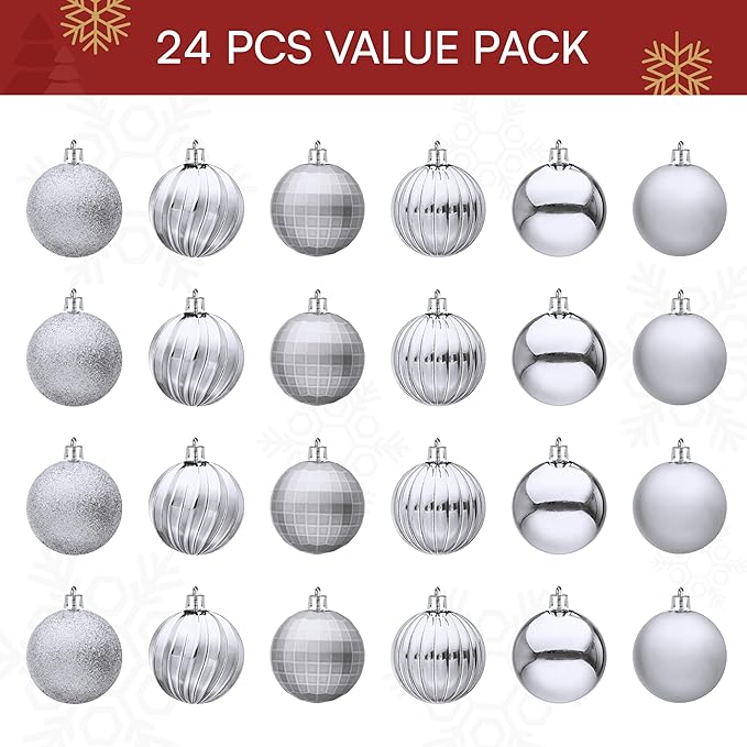 JOIEDOMI 24 Pcs Silver Christmas Balls Ornaments, 2.36" Christmas Tree Ornaments Set, Shatterproof Xmas Balls Hanging Decorations for Tree Wreath Garland Holiday Wedding Indoor Party Decor