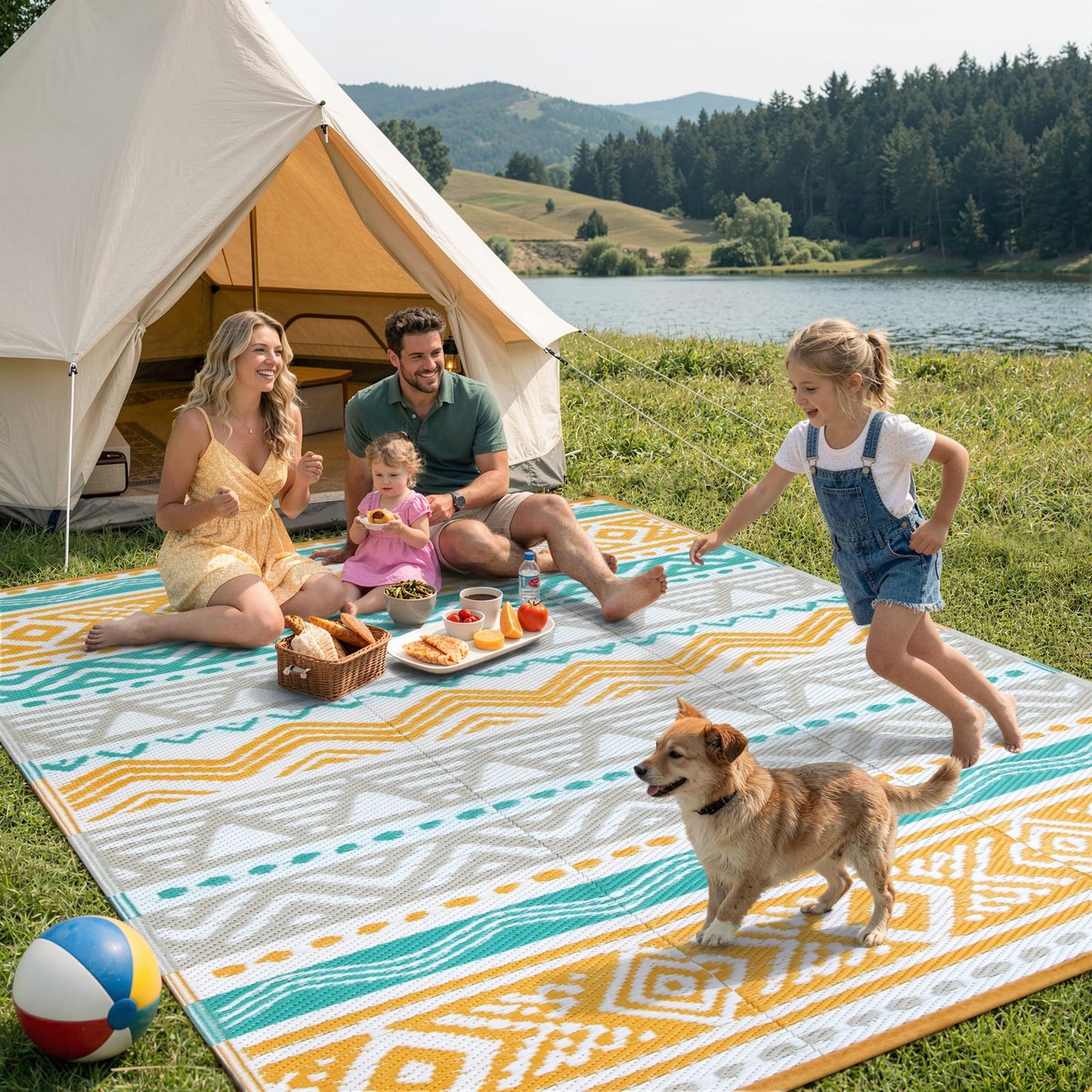 Lahome Waterproof Outdoor Rug 6x9, Reversible Outdoor Plastic Straw Rug for Camping, Large RV Outdoor Patio Rug, Outdoor Rugs Carpet for Porch Deck Backyard Balcony Picnic(Blue/Yellow,6'x 9')