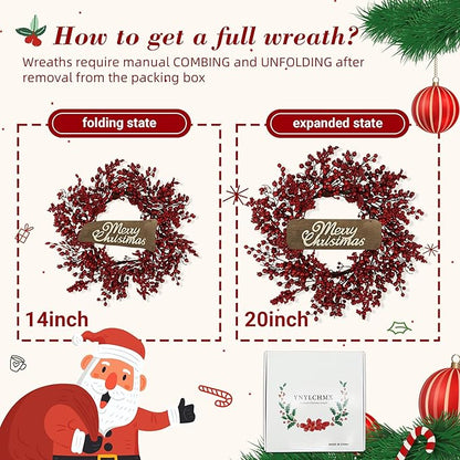 YNYLCHMX 20 Inch Christmas Wreath for Front Door, Winter Wreath with Welcome Sign Red Berries, Artificial Door Xmas Wreaths for Window Wall Fireplace Farmhouse Holiday Party Decoration