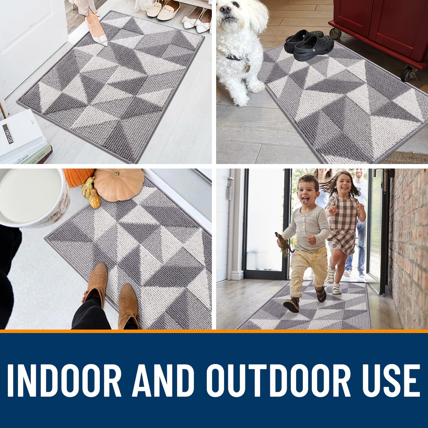 OLANLY Door Mat Indoor Entrance Washable 47x23, Odor-Free Low-Profile Front Back Geometric Doormat, Absorbent Resist Dirt Entry Carpet, Easy to Clean Sturdy Inside Floor Mats for Entryway, Grey