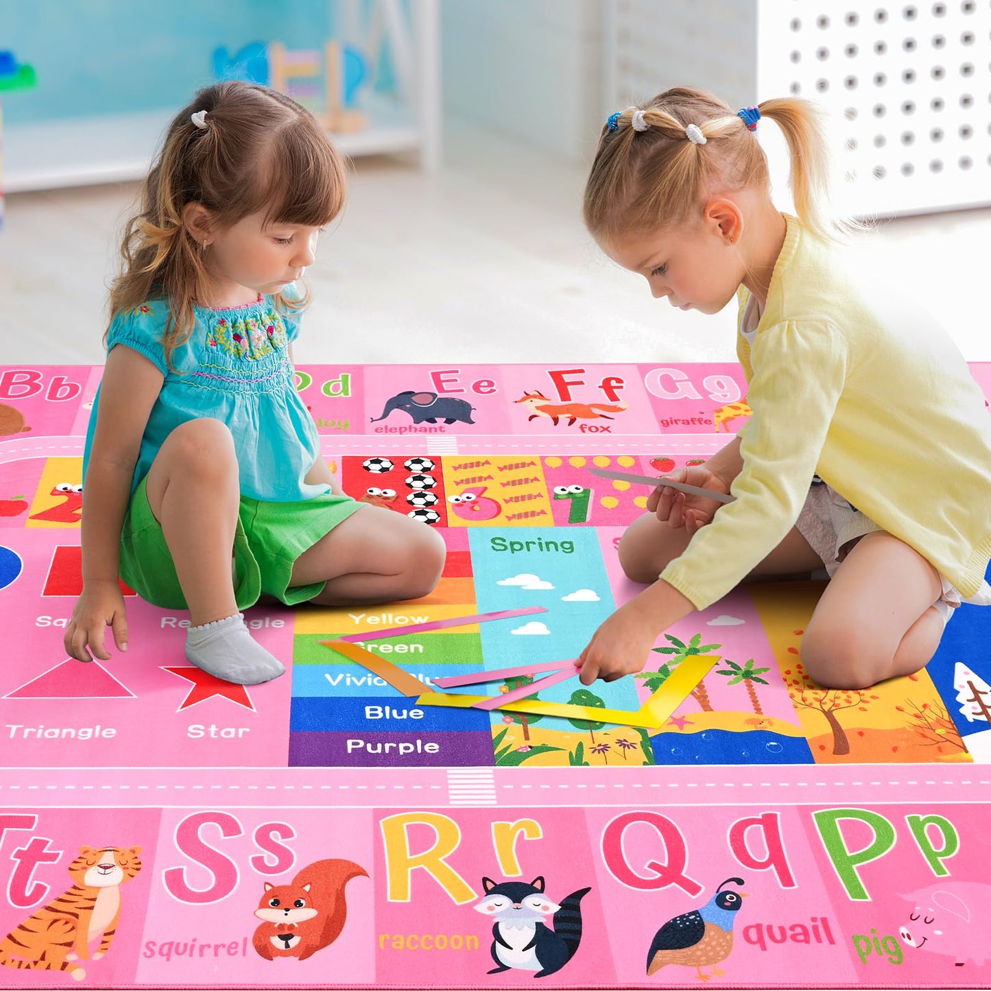 Flagover Pink Kids Rug for Playroom Classroom, ABC Alphabet Numbers Play Toddlers Rugs, 6x9 Learning Educational Bedroom Floor Mat, Washable Baby Carpet for Girls Room, Nursery, Preschool, Daycare
