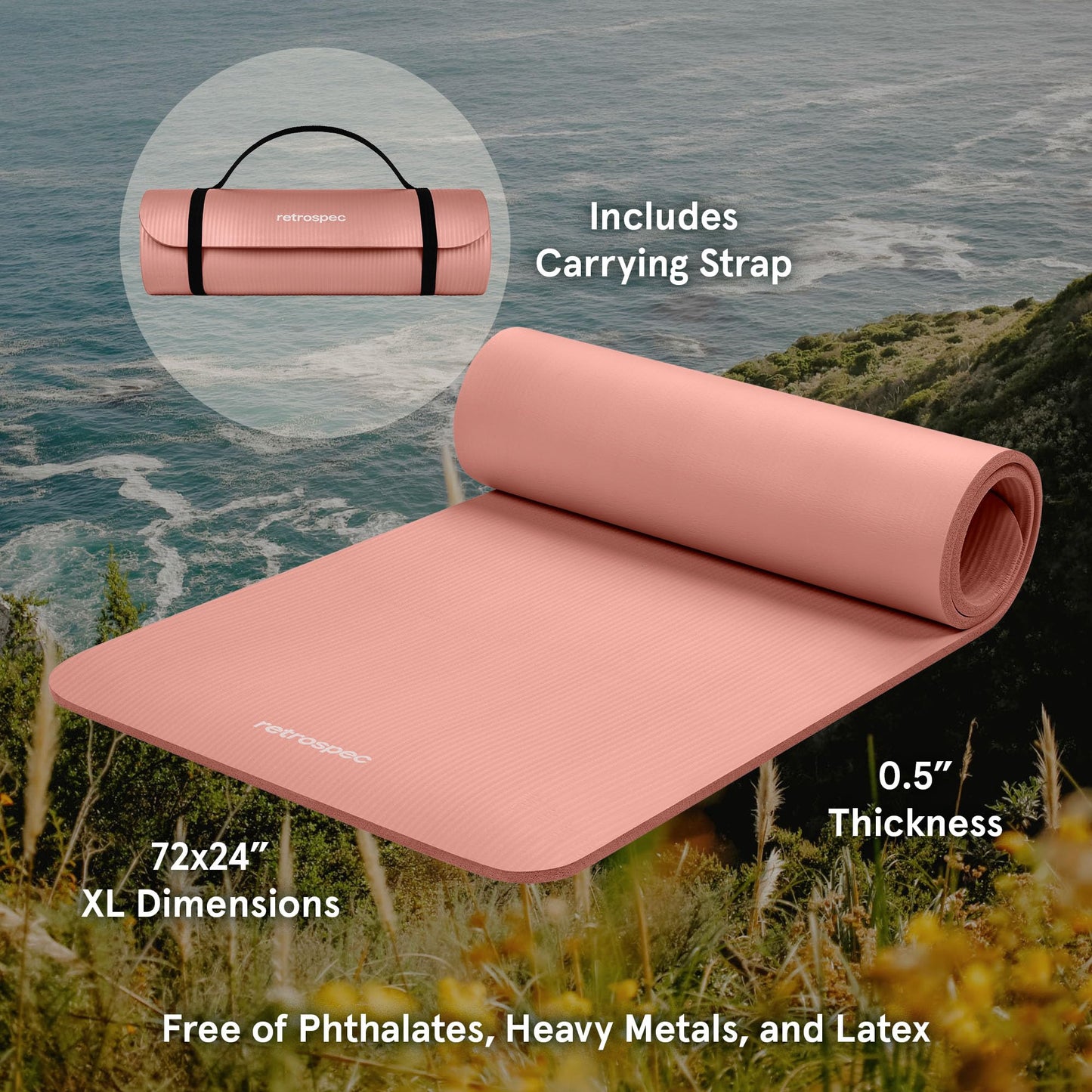 Retrospec Solana Yoga Mat 1/2" Thick w/Nylon Strap for Men & Women - Non Slip Excercise Mat for Yoga, Pilates, Stretching, Floor & Fitness Workouts