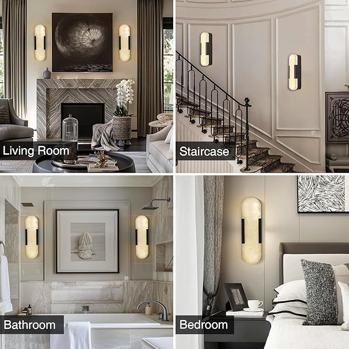 13.8 inch Black Alabaster Wall Sconces Set of 2, Natural Marble Wall Lighting, Bedside Wall Lamp, Indoor Vanity Light Fixtures for Hallway, Bathroom Living Room (Including LED)