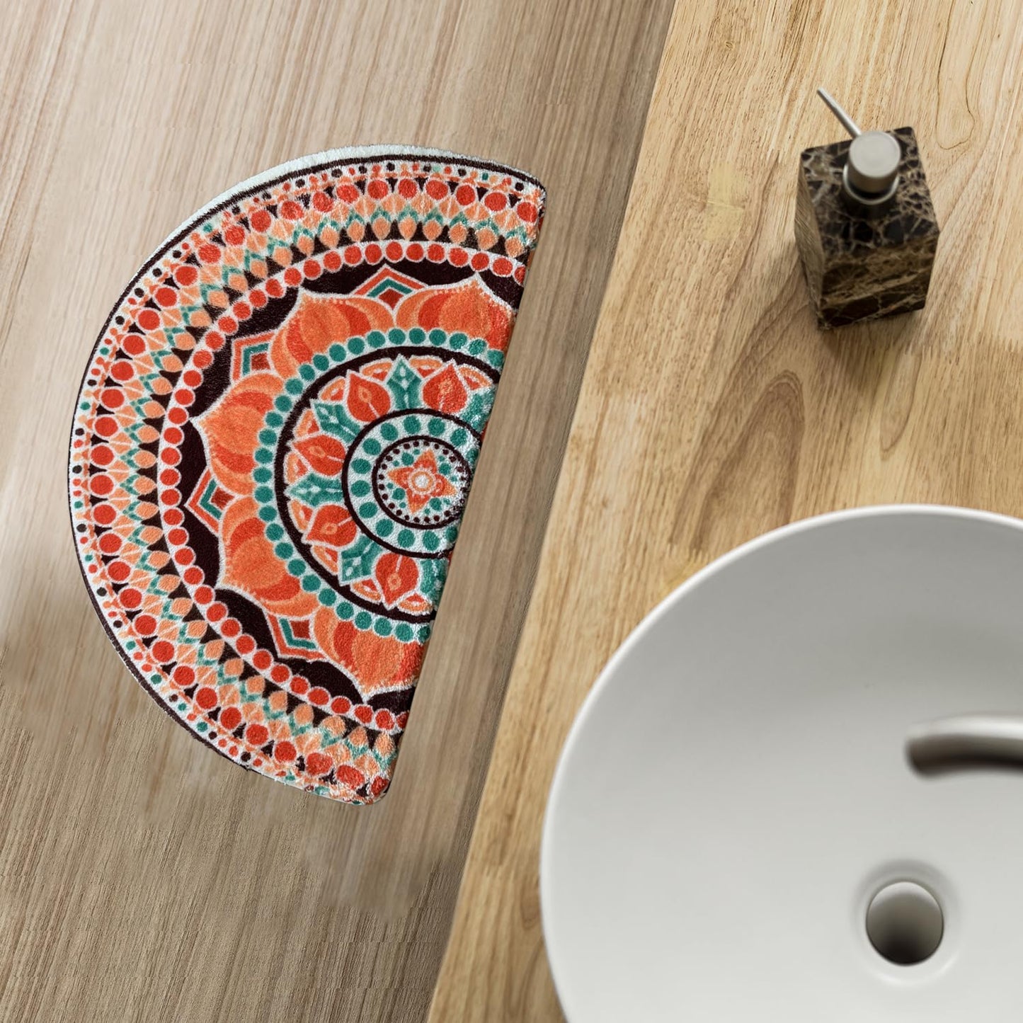 Mandala Semi Circle Doormat Bathroom Non-Slip Rugs Boho Half Moon Mat Bohemian Half Round Area Rug Semicircle Carpet Bath Room Floral Decor Floor Door Mats (Orange)