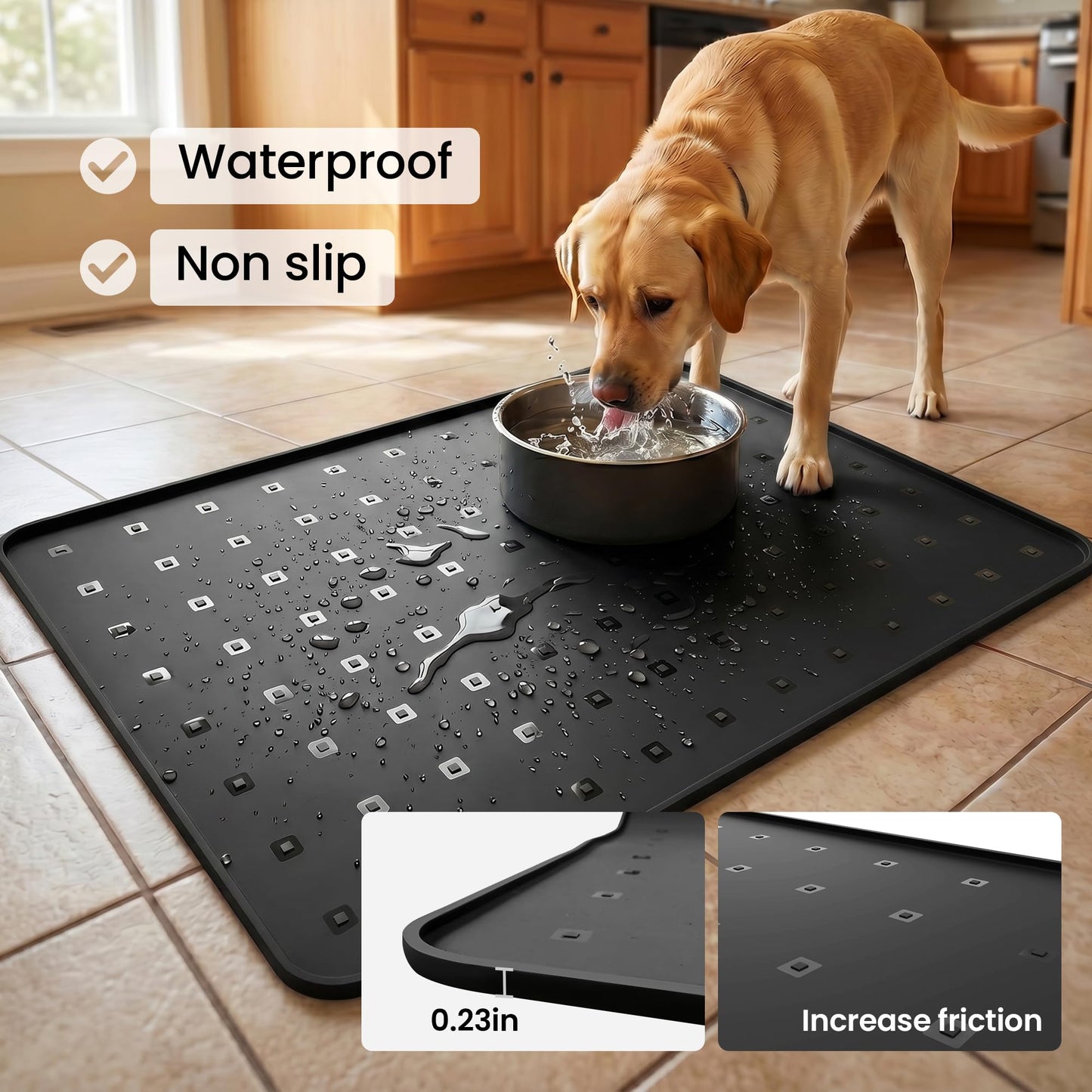 TCULOSD Silicone Pet Feeding Mat, 26x18 Inch Waterproof Dog Bowl Mat – Non-Slip, Machine Washable, Thin 0.23 Inch Edge for Messy Eaters, Protects Hardwood & Tile Floors, Black