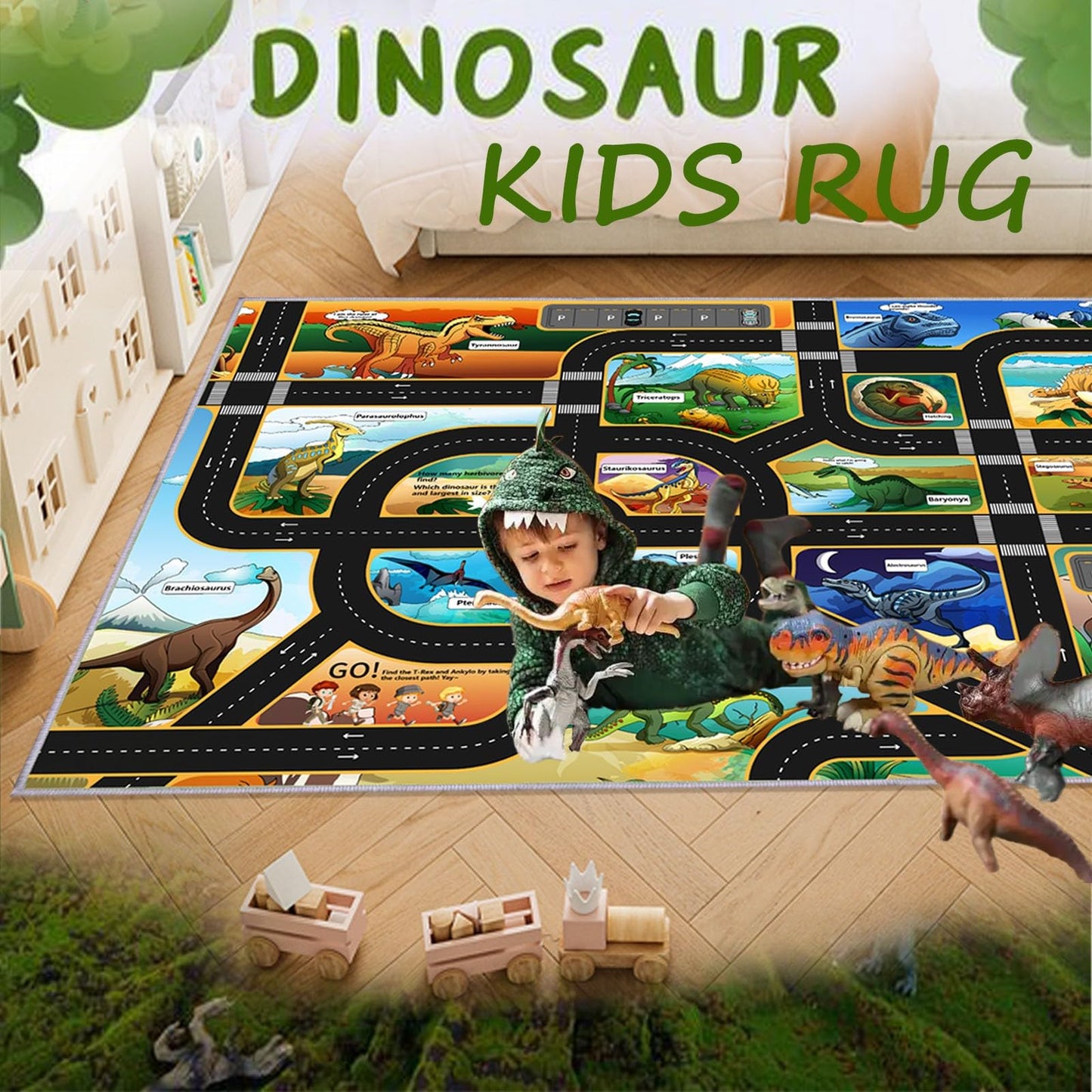 CLAILEIRS Cartoon Dinosaur Rug, Washable Dinosaur Mat with Road, Dino Play Mat Carpet for Boys Bedroom, Playroom (47"×71")