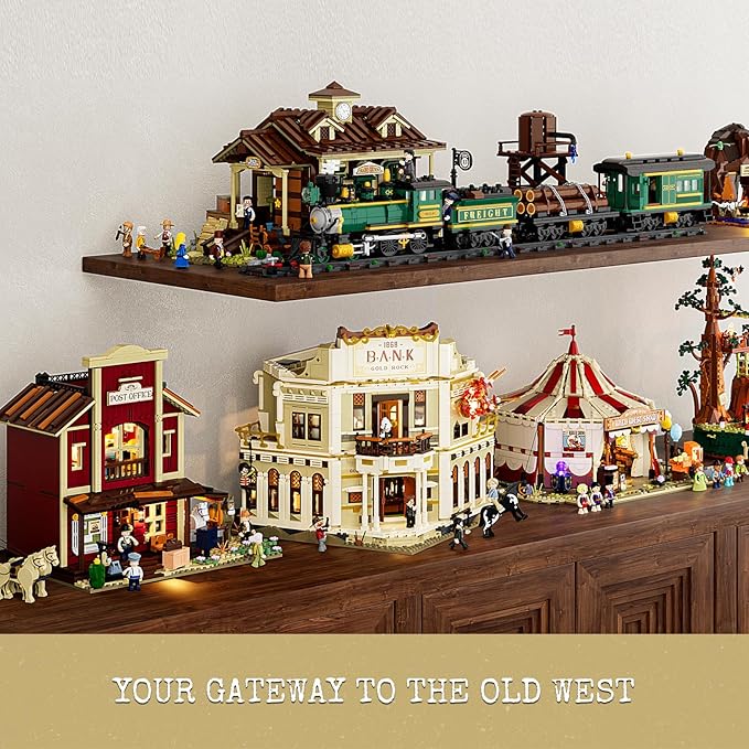 Western Bank Heist Lighting Building-Bricks Set - Wild West Outlaw Gold Heist 2875 Pcs Collection Display Set for West Lovers