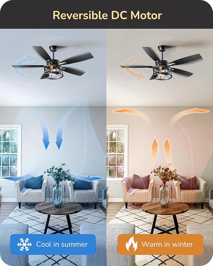 EDISHINE 42“ Black Farmhouse Ceiling Fans with Lights, Remote Control, Dimmable, 6 Speeds, 5 Wood Blades, DC Reversible Motor, Timer, Noiseless, Small Rustic Fan for Bedroom Living Room Kids Room