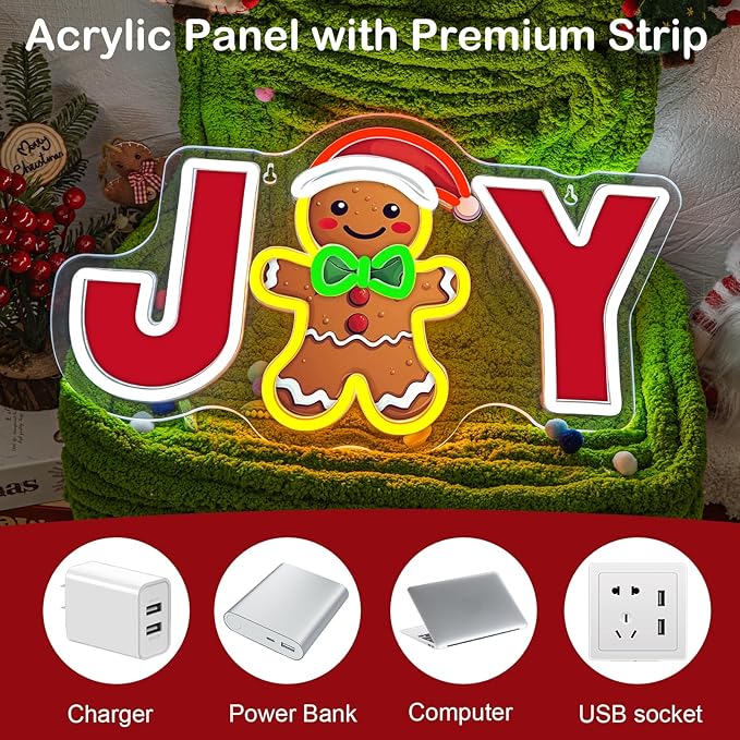 JOY Gingerbread Man Neon Sign – Christmas LED Wall Light with Santa Hat & Holiday Décor – Festive Neon Sign for Home, Parties, and Seasonal Decorations