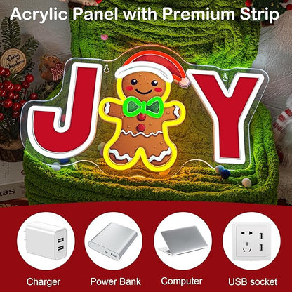 JOY Gingerbread Man Neon Sign – Christmas LED Wall Light with Santa Hat & Holiday Décor – Festive Neon Sign for Home, Parties, and Seasonal Decorations