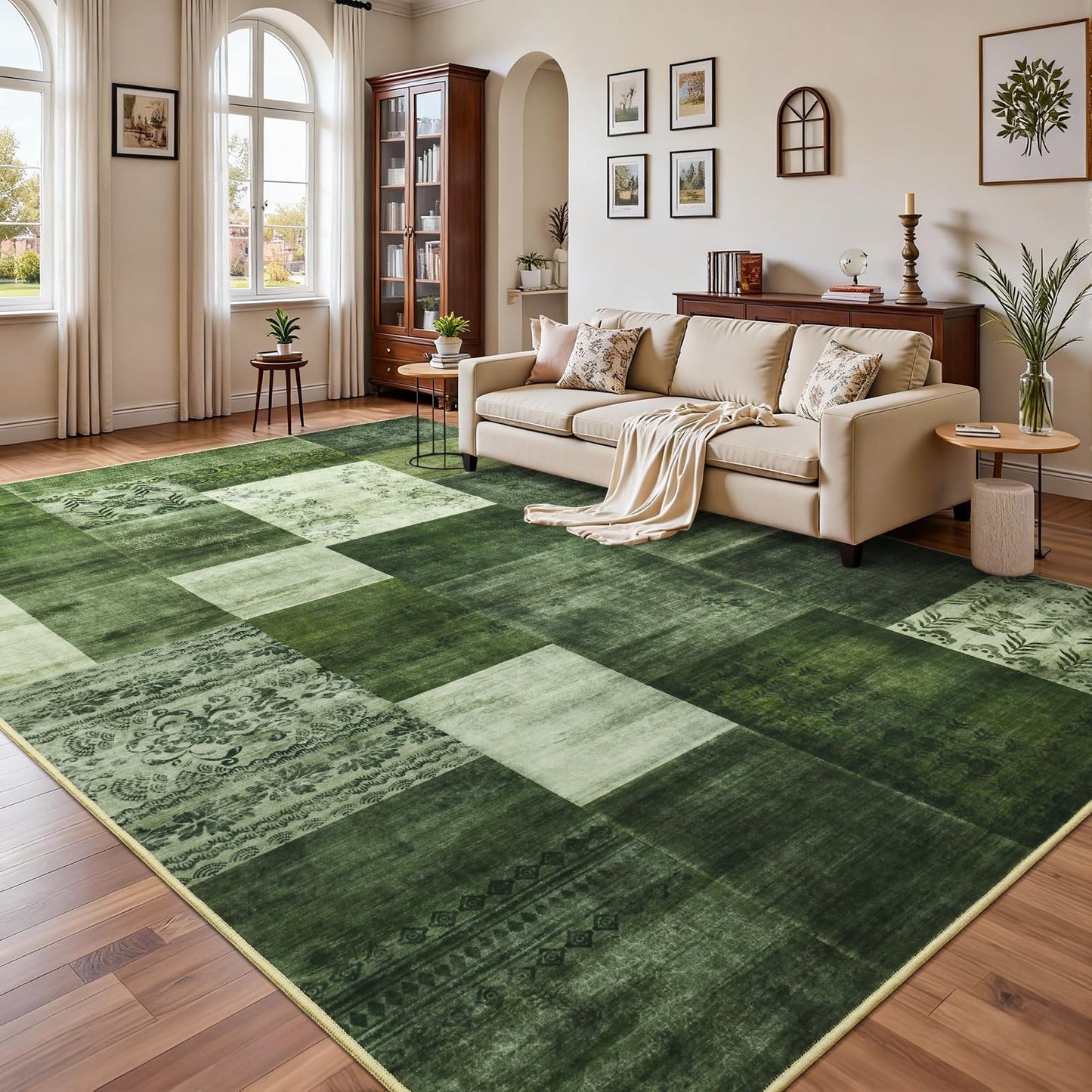 DweIke Washable Area Rugs 5x7 for Living Room, Modern Geometric Green Soft Patchwork Carpet, Non-Slip Stain Resistant Throw Rug for Bedroom Dining Room Office Home Decor