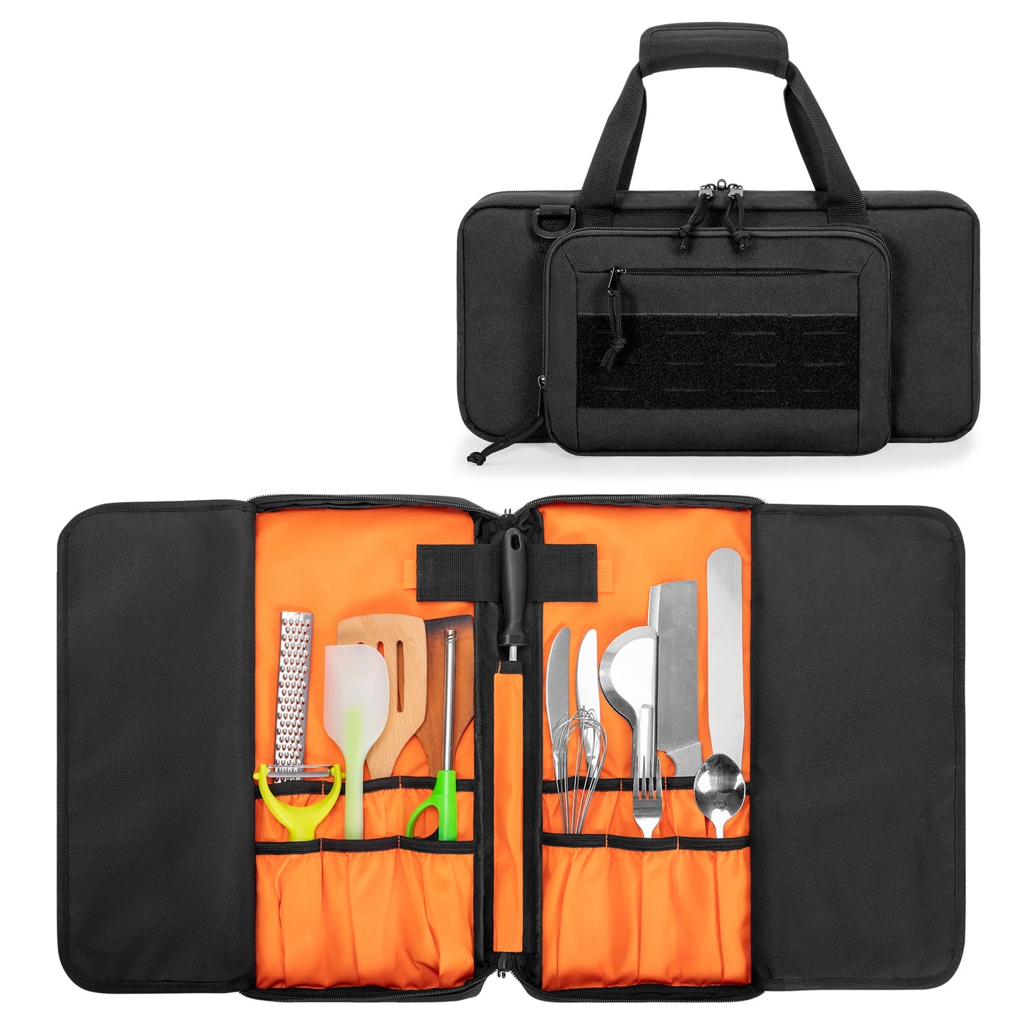 samdew Chef Knife Storage Bag, Kitchen Tool Organizer with 18 Utensil Slots, Knife Set Carrying Case for Culinary Chef, with Detachable Shoulder Strap for Kitchen, Camping & Travel, Bag Only