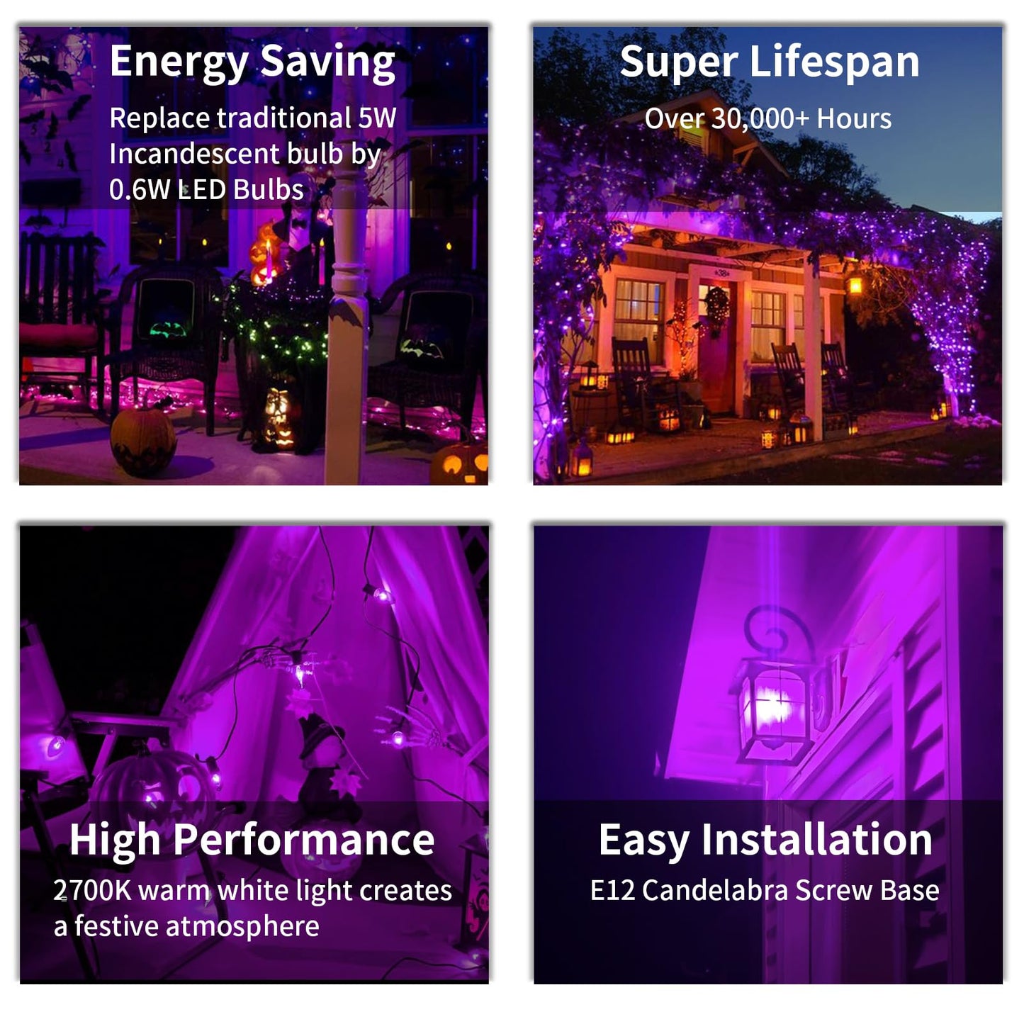 CHYParty 12 Pack C7 LED Replacement Bulbs, Purple Christmas Light Bulbs for Outdoor String Lights, Patio, Xmas Tree, Halloween Decor, E12 Candelabra Base, Waterproof, Dimmable