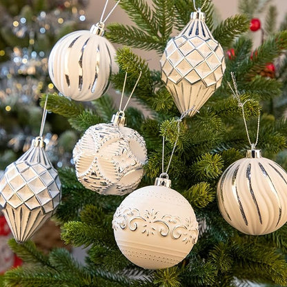 16PCS Shatterproof Christmas Ball Ornaments Set, Hand-Painted Holiday Decor with Assorted Sizes & Designs for Christmas Tree Thanksgiving Party Decoration, Silver-White