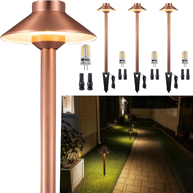 Gardenreet Solid Brass Copper Path Lights(Hat), 12V AC/DC Waterproof LED Sideway Lights Outdoor, Low Voltage Lighting Wired for Garden Walkway Driveway Garden Yard with 3W 2700K G4 Bulb(4 Pack)