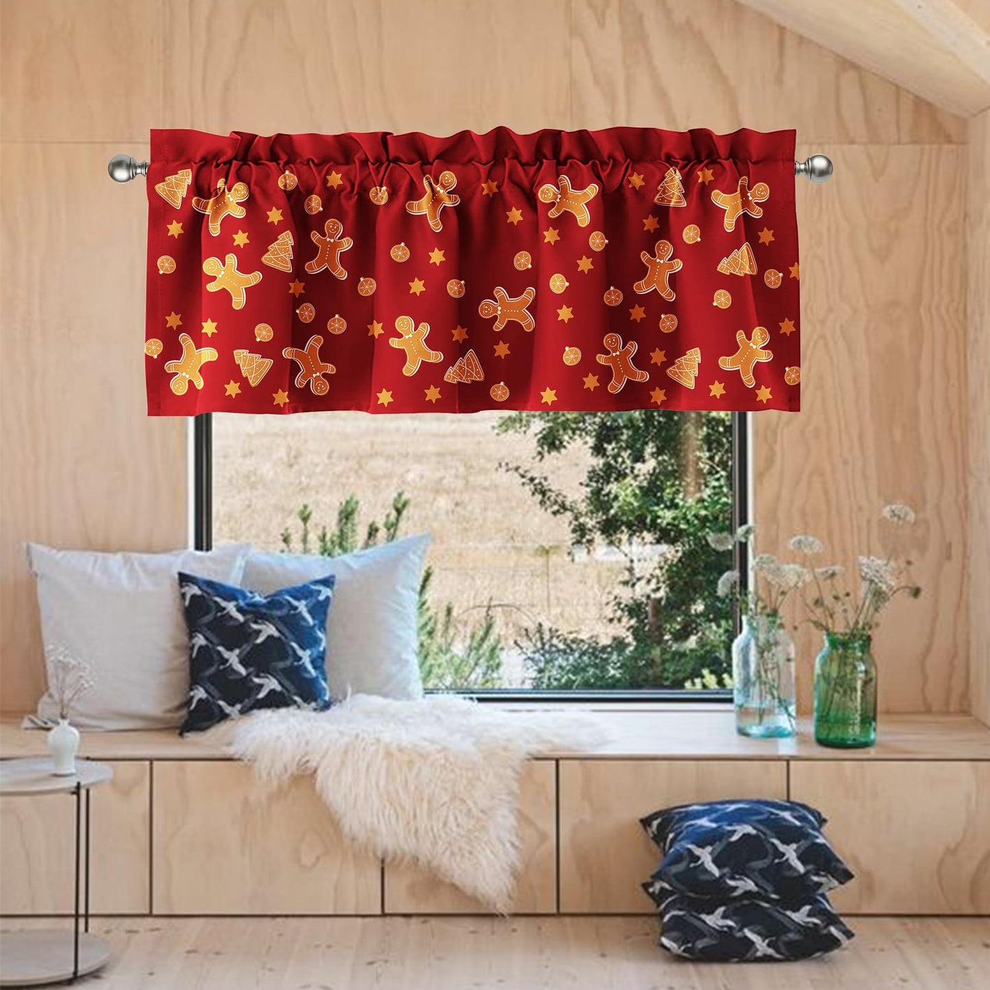 SUNWISHA Christmas Curtain Valances Set 52x18'' - Lively Gingerbread Men/Trees/Stars - Holiday Inspired Character Decor - Rod Pocket Kitchen/Bathroom/Laundry Winter Valances Red