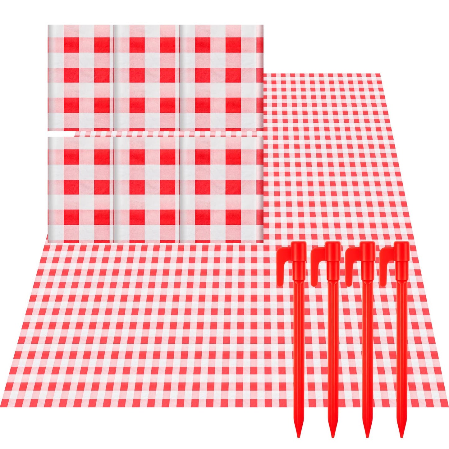 HunnmingRe 6 Pcs Disposable Outdoor Picnic Blankets 71''x71'' Thicken Foldable Waterproof Picnic Mats Bulk Gingham Oil Proof Camping Blankets with 4 Ground Spikes Beach Travel(Red and White)