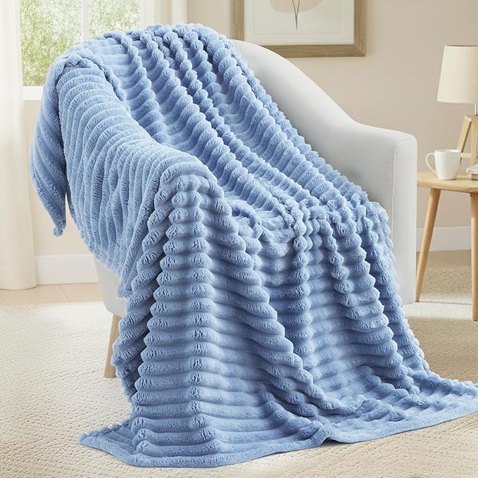 decorUhome Soft Fleece Blue Grey Twin Blanket for Bed, Cozy Fluffy Plush Flannel Striped Throws for Couch Sofa, Lightweight Decorative Ribbed Fuzzy Blanket for Woman, 60x80 Inches