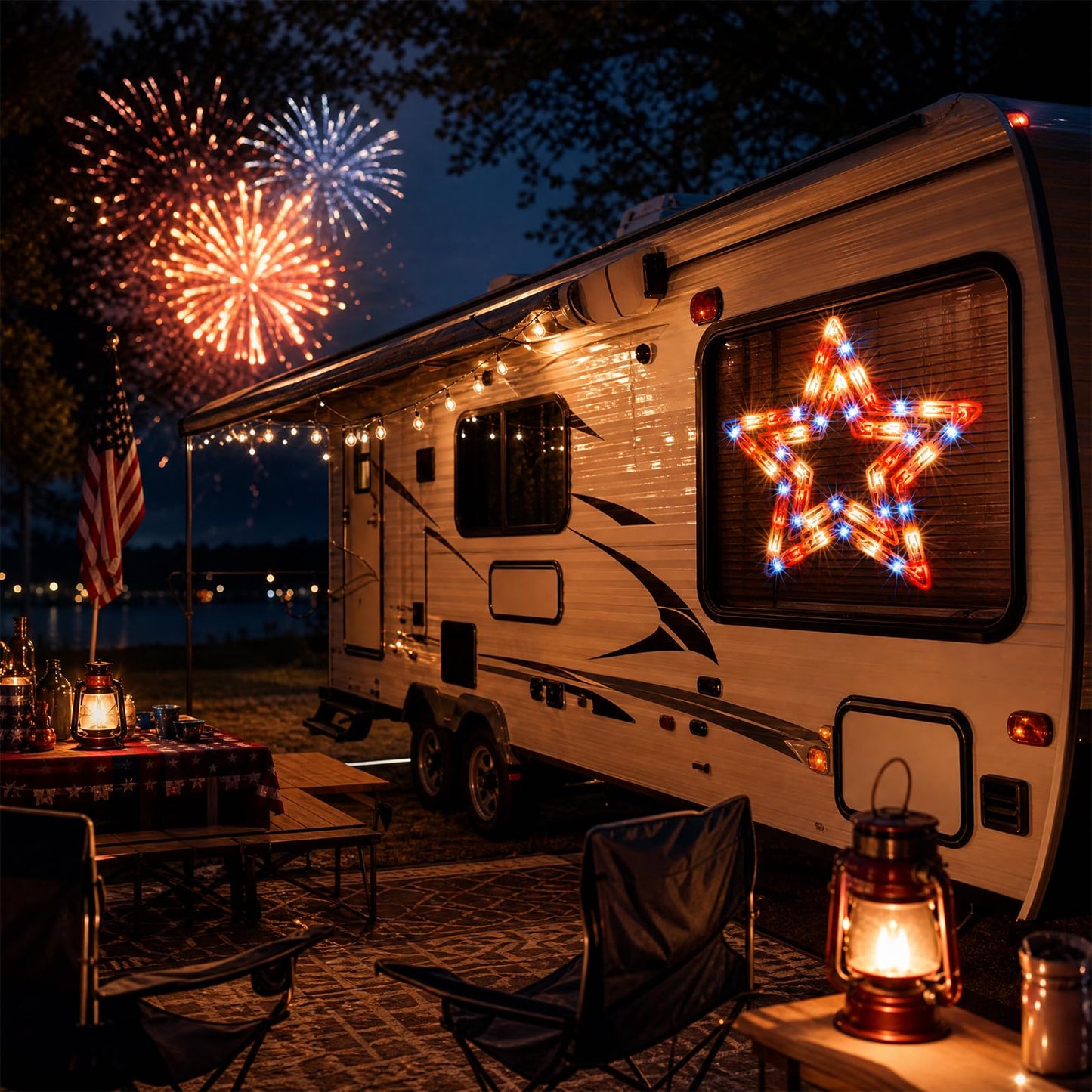 GLOWNOVA 50 Lights Lighted Red White and Blue 4th of July Star Window Silhouette Decoration