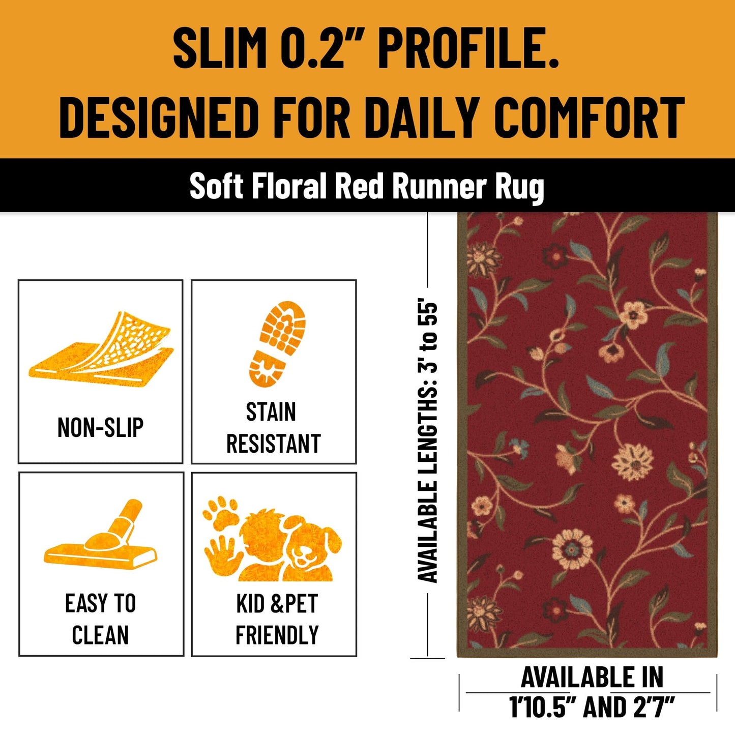 Ottomanson Accent Rug – Non Slip Low Pile Small Rug for Entryway, Bedroom, Bedside & Coffee Table Areas, 2'7" x 4', Floral Red