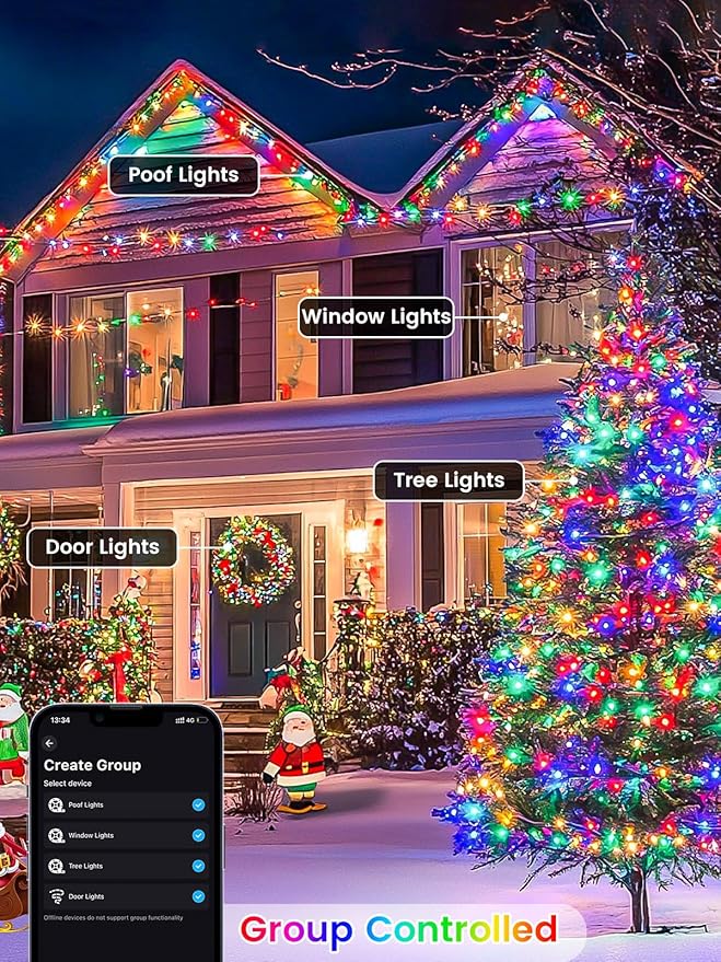 Smart Color Changing Christmas Lights with Remote & APP,208FT 600 LED RGB Dimmable Christmas String Lights, Waterproof Fairy Twinkle Light for Indoor Outdoor Xmas Tree Wedding Holiday Decorations