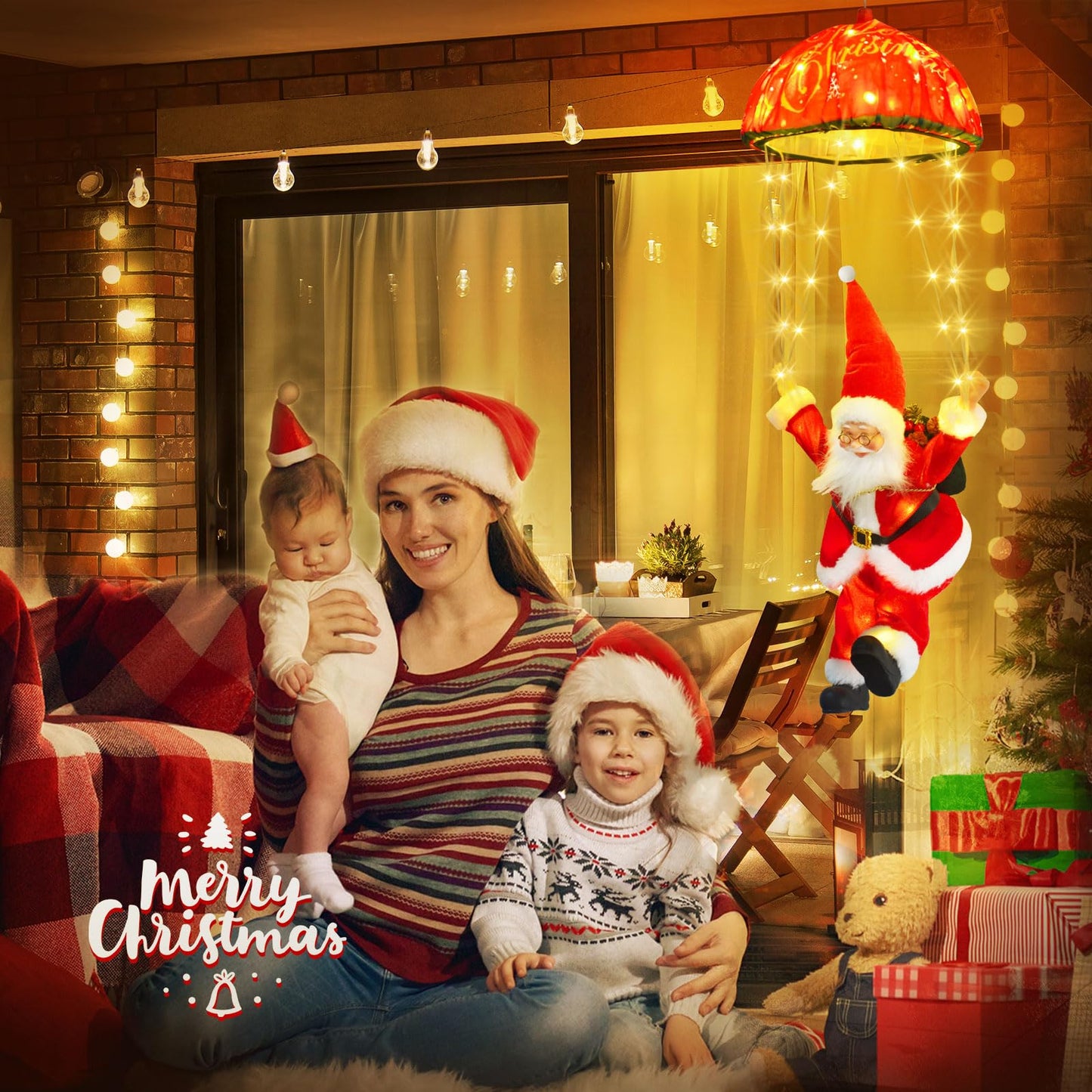 JNOEC Christmas Lights Outdoor Indoor, Santa Claus Parachute LED Lights, 8 Modes & Timer Christmas Decorations Lights Outside Inside for Window, Garden, Home, Porch, Xmas Tree Decor (Warm White)