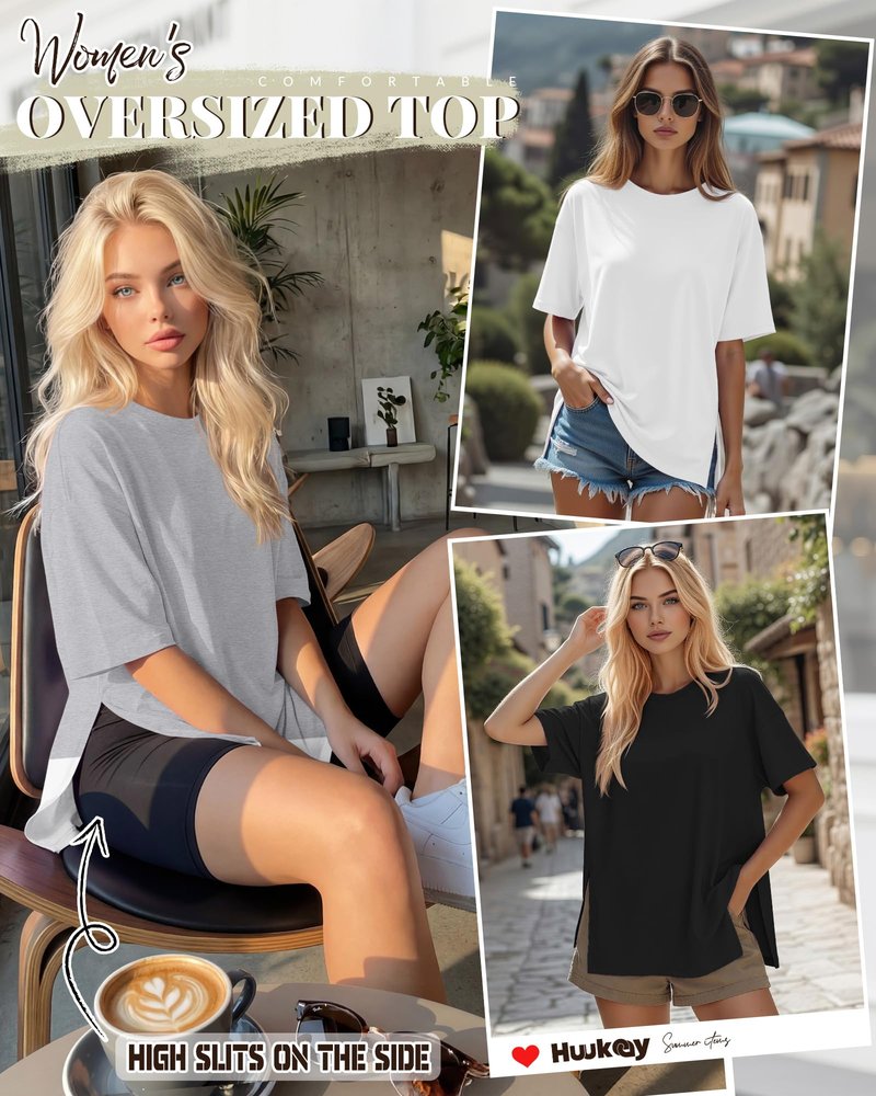 Huukeay 3 Pack Women's Oversized Gym T Shirts Short Sleeve Side Split Crewneck Tops Casual Summer Workout Baggy Basic Tee(Black, White, Gray,L)