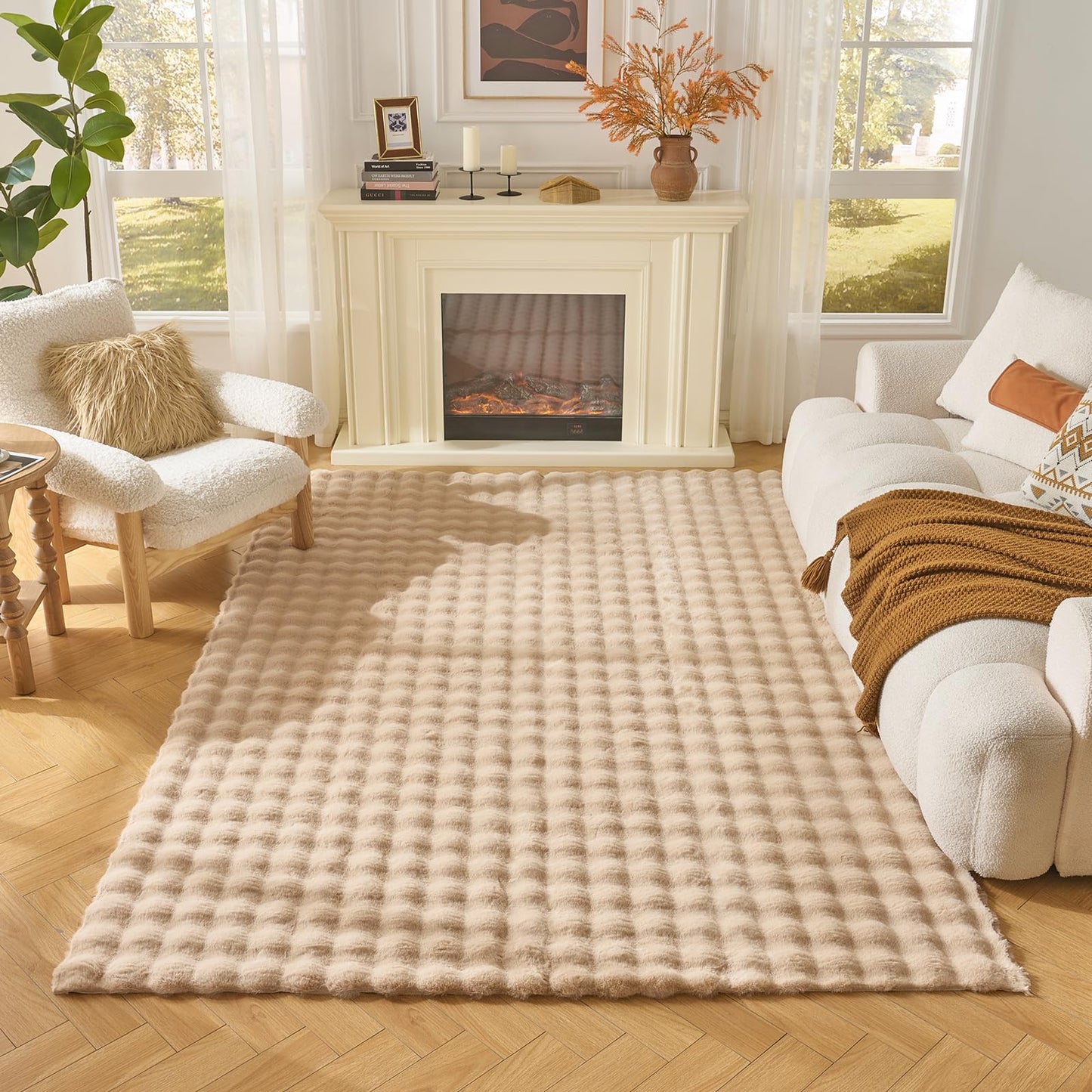 Lotus Karen Washable Area Rug, 3D Bubble Rug for Living Room, Bedroom, Faux Fur Carpet for Home Decor,6' W × 9' L, Khaki