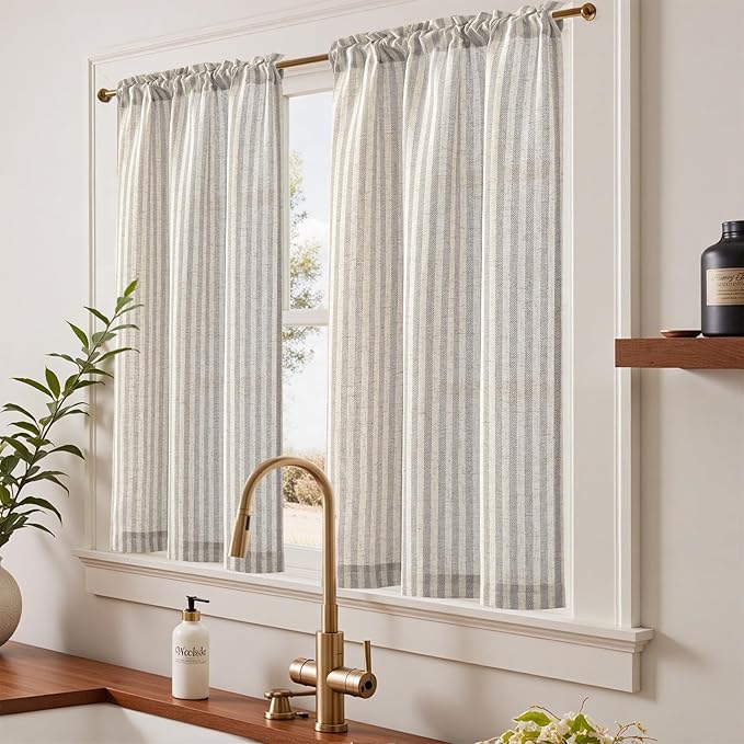 jinchan Striped Linen Kitchen Curtains 45 Inches Tier Curtains Farmhouse Modern Cafe Style Small Window Treatments Airy Light Filtering Rod Pocket for Living Room Bathroom 2 Panels Taupe Grey