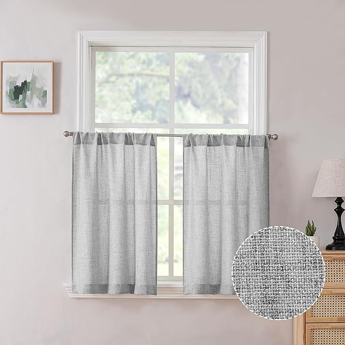 Tollpiz Short Linen Tier Curtains Rod Pocket Semi Sheer Half Kitchen Curtain Burlap Light Filtering Thick Linen Drapes for Bathroom, 30 x 24 inches Long, Silver Grey, Set of 2 Panels
