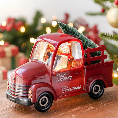 Christmas Snow Water Lantern Glittering Snowman and Pup in Red Truck with Christmas Tree, USB Lined/Battery Operated Lighted Spinning Lantern for Christmas Festival Decoration Gifts