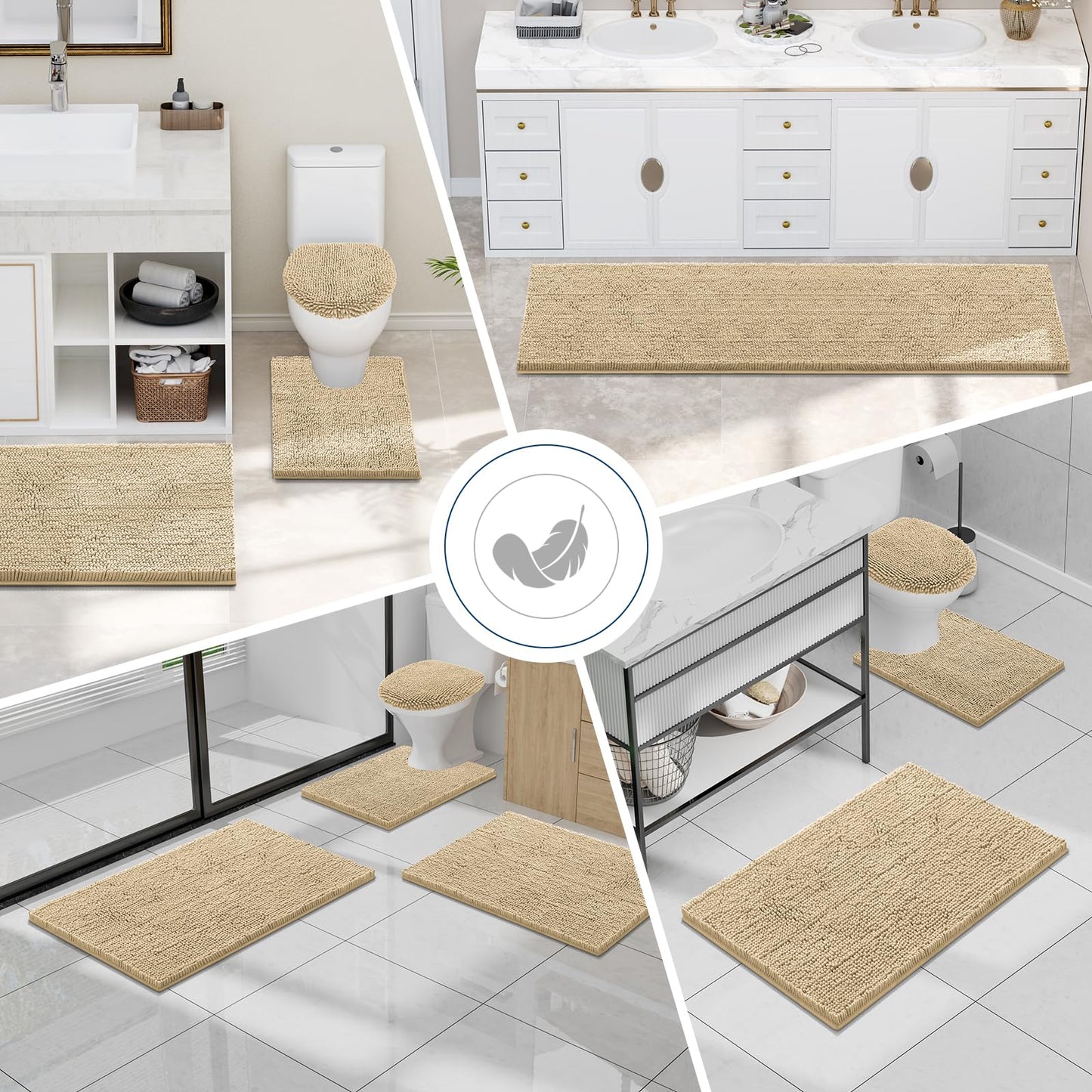 Smiry Bathroom Rugs Sets 3 Piece, Soft Absorbent Chenille Bath Mat and U-Shaped Contour Toilet Rug, Machine Wash Dry Bath Mat Sets for Bathroom Tub and Floor (30"x20"+24"x16"+24"x20", Beige)