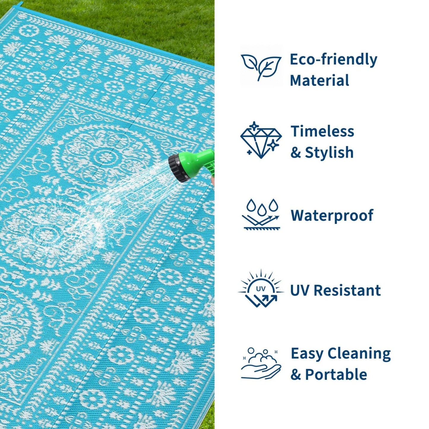 Garvee Reversible Outdoor Rug 5x8 for Patio, Waterproof Outdoor Area Rug, Boho Medallion Indoor Outdoor Carpet for Porch, Plastic Straw Rug for RV, Camping, Deck, Blue and White