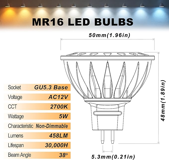 ALIDE MR16 GU5.3 LED Bulbs 50W Halogen Equivalent, 2700K Warm White,MR16 5W 12V Low Voltage Bulbs Spotlights for Outdoor Landscape Flood Track Lighting,Not Dimmable,458lm, 38Deg,3Pack