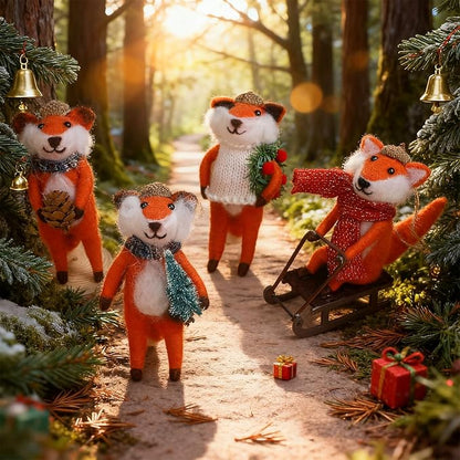 Set of 4 Christmas Felt Fox Ornaments, 5" Mini Wool Mr. Foxes Figurines for Christmas Tree Wreath Hanging, Fantastic Xmas Tabletop Decor, Animal Crafts Holiday Easter Gifts Party Supply