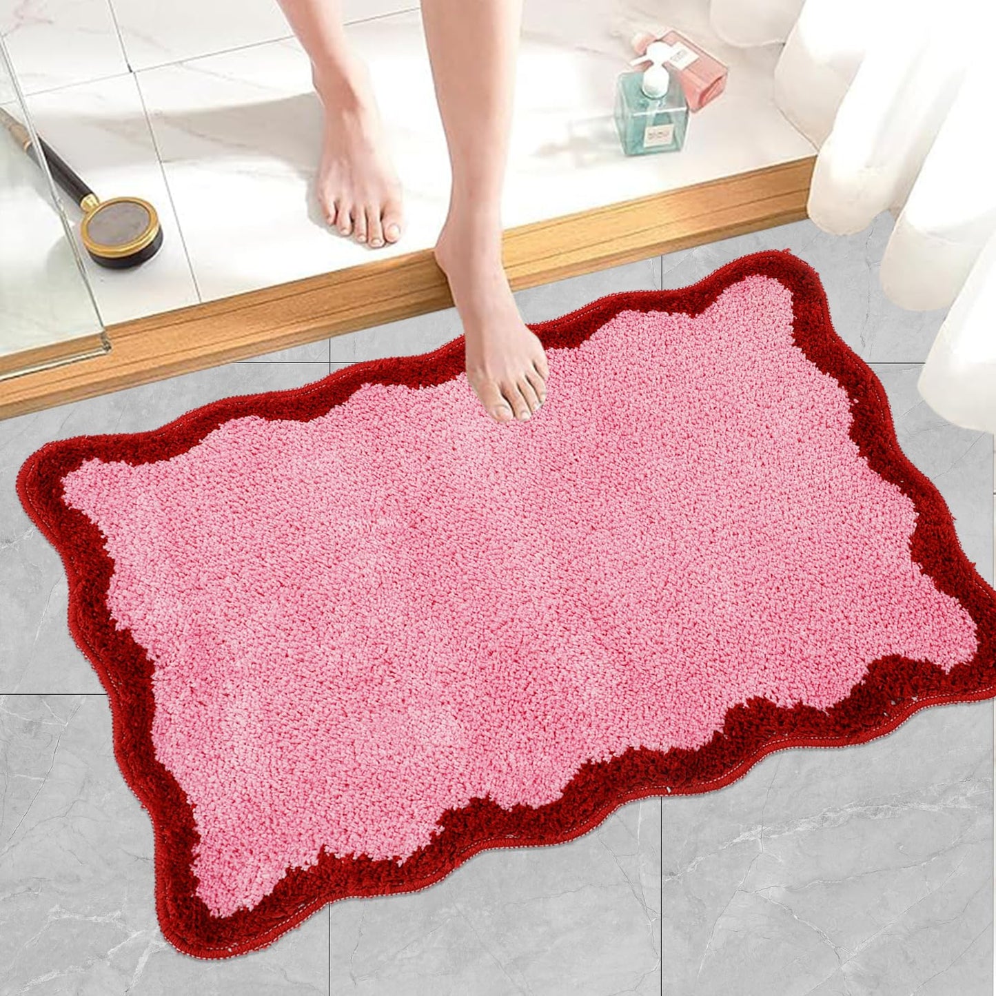 Whaline Pink Rug Mat Bathmat Red Scalloped 26.6 x 16.5 Inch Absorbent Bathroom Rug for Valentine's Day Wedding Anniversary Holiday Kitchen Living Room Decoration