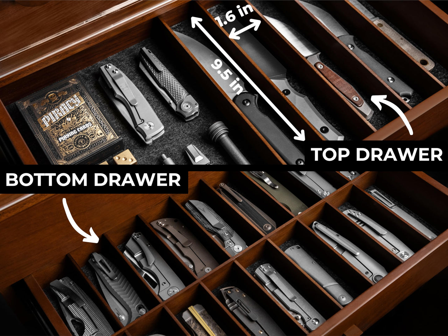 Premium Pocket Knife Display Case for 50 Knives - Extra Large Wooden Knife Organizer, Storage & Holder with Unique Pillars, 2 Drawers - Knife Collection Box - Handcrafted Father's Day Present for Men