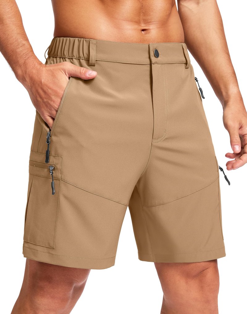 Pudolla Men's Hiking Cargo Shorts Lightweight 7" Travel Casual Shorts for Men Golf Work Outdoor with 5 Zipper Pockets(Dark Khaki Small)