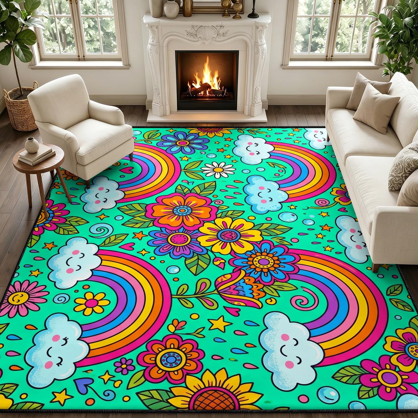 Qorauhy Kids Rainbow Rug for Girls Bedroom 5x8 Cute Cloud Rainbow Area Rug