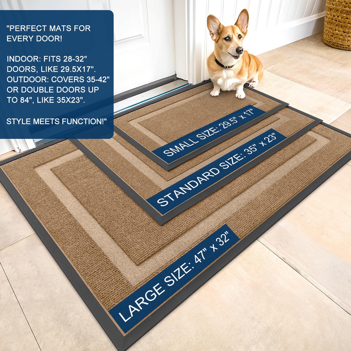 OLANLY Front Door Mat Indoor Outdoor Entrance, Waterproof All-Season, All-Weather Doormat, Sturdy Natural Rubber, Fade Resistant, Low Profile, Easy Clean Patio Porch Entryway Mat, 59x23, Light Borwn