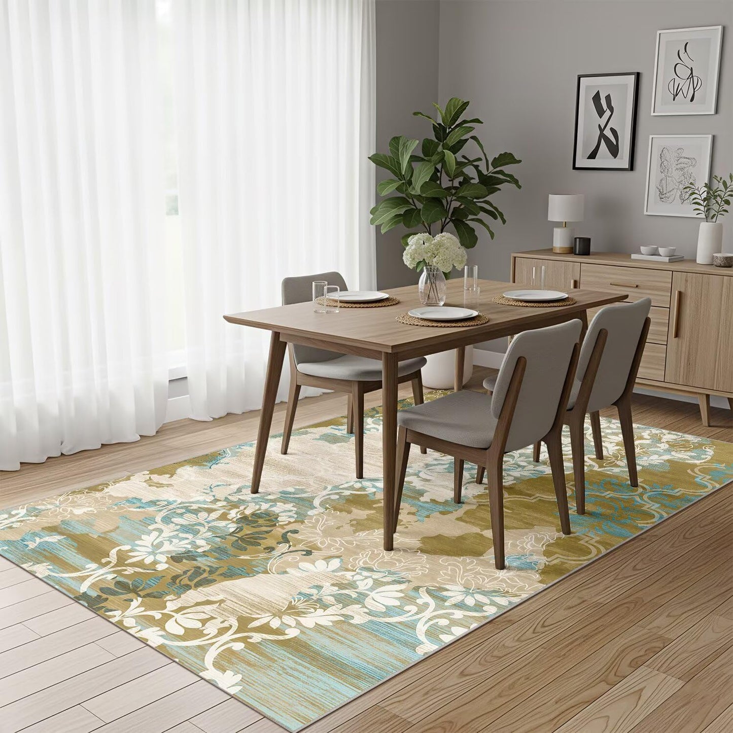 5x7 Area Rugs,Abstract Area Rugs, Modern Washable Non-Slip Rug for Living Room, Bedroom, Dining Room, Soft Low Pile Carpet, Neutral Decor for Home and Office,Abstract Floral - Yellow