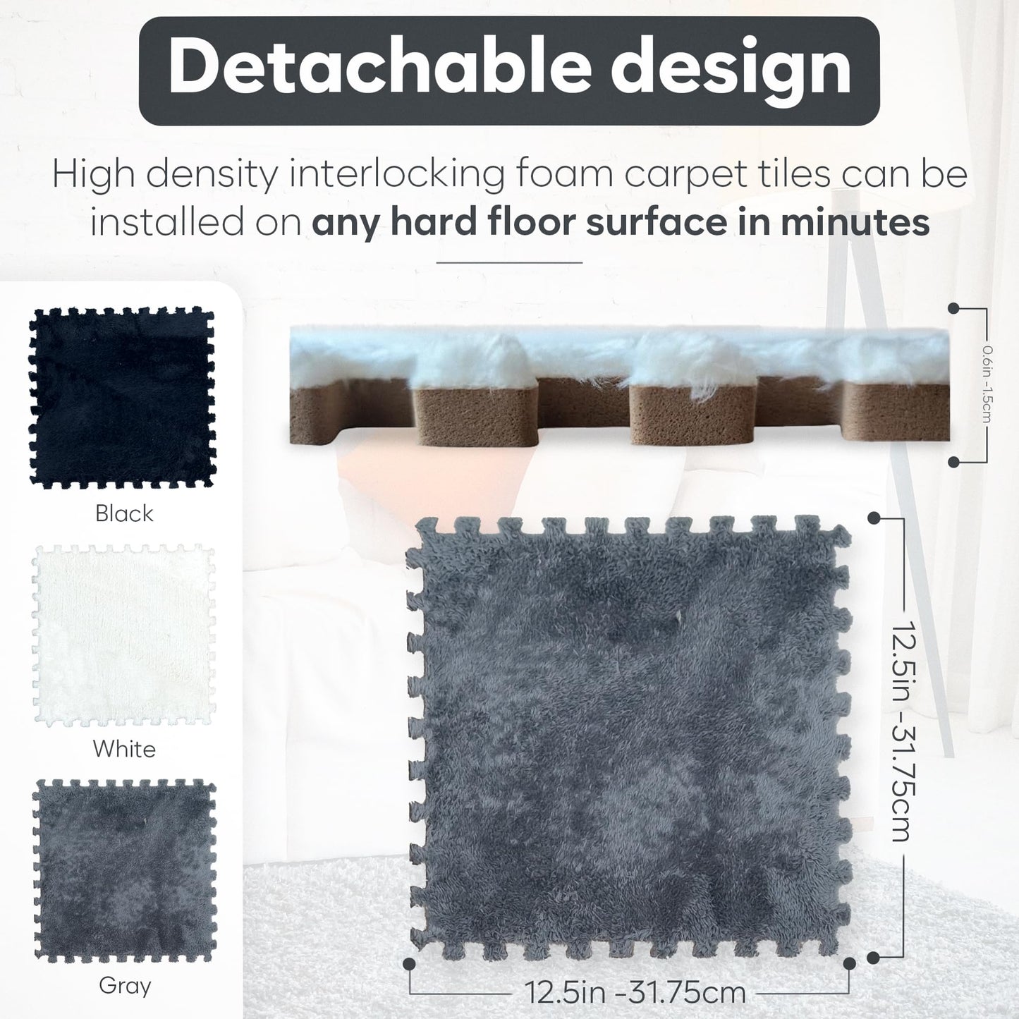 Puzzle Carpet Squares - Large 16 Piece Interlocking Carpet Tiles, Thick Padded Squares for Baby Play Mats & Flooring Tile with Cushions, Playroom & Classroom Rug, EVA Soft Attached Plush Playmats