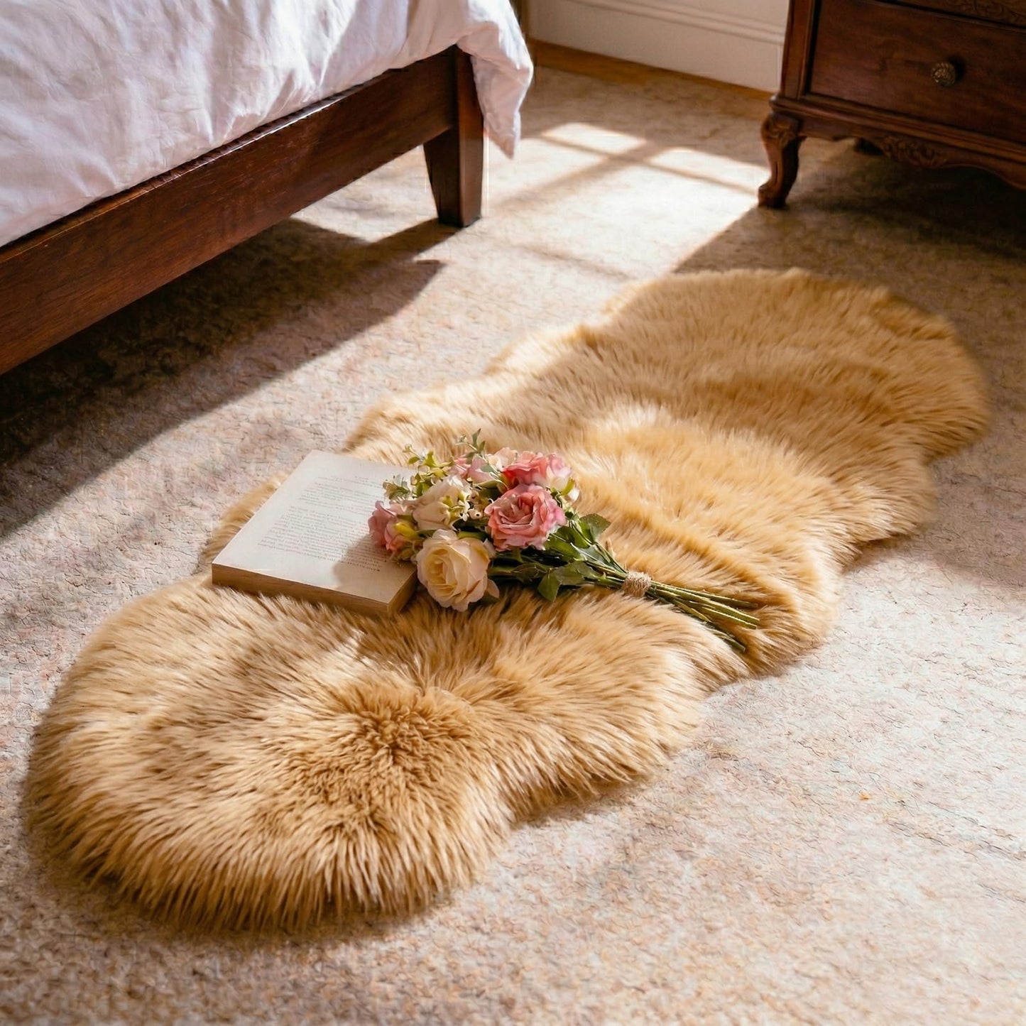 TUOTPE Ultra Soft Faux Fur Rug, Fluffy Shaggy 2 x 6 Ft Sheepskin Fur, Beige Plush Faux Area for Bedroom Nursery Living Room
