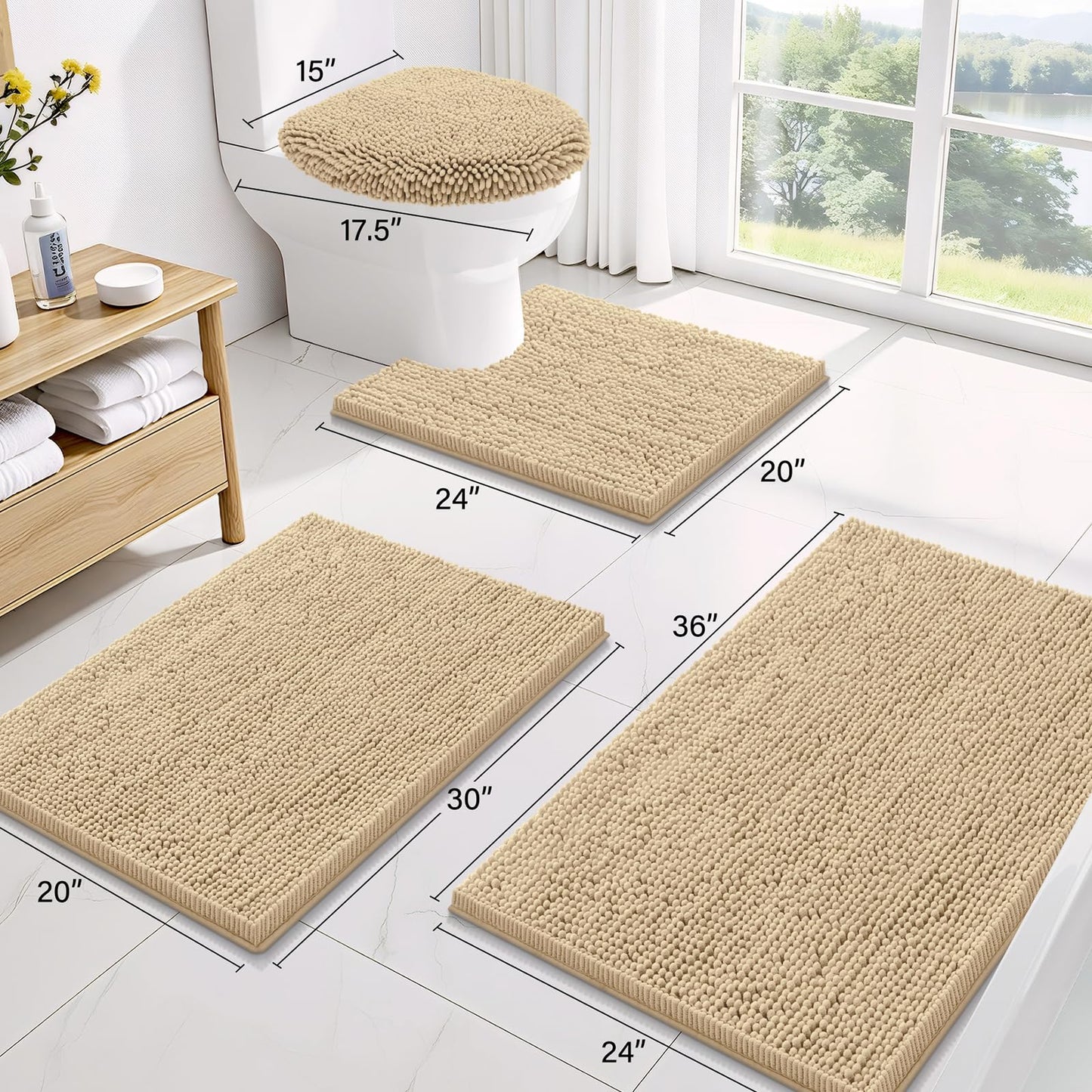 Smiry Bathroom Rugs Sets 3 Piece, Soft Absorbent Chenille Bath Mat and U-Shaped Contour Toilet Rug, Machine Wash Dry Bath Mat Sets for Bathroom Tub and Floor (30"x20"+24"x16"+24"x20", Beige)